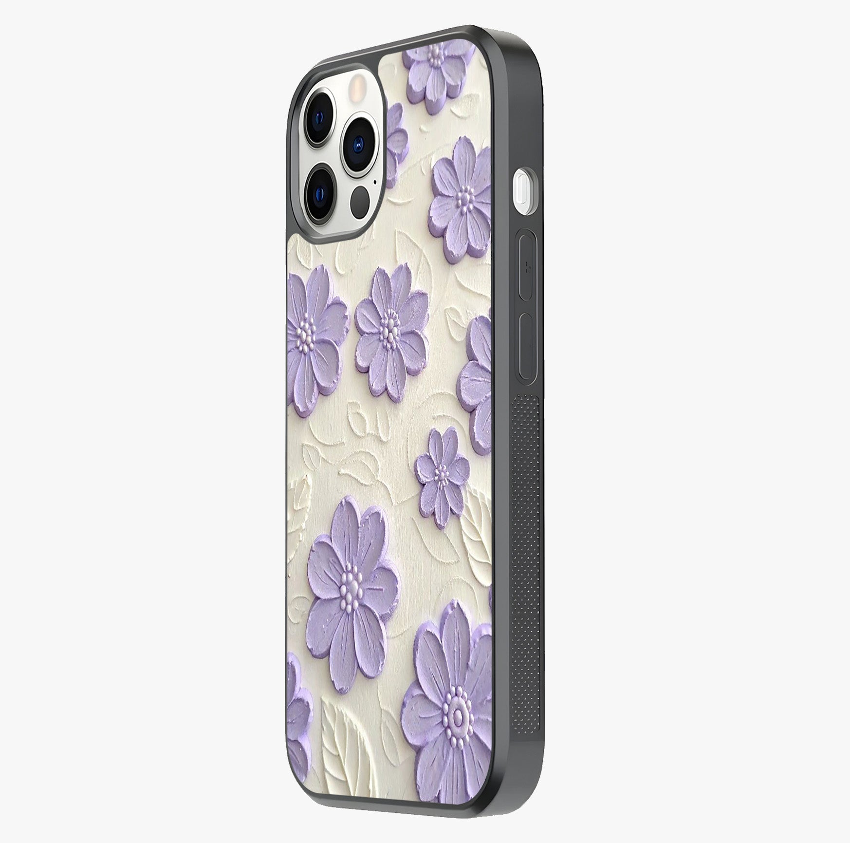 Floral Wall Art With Purple Flowers Glass Case photographed in natural light showing reflective finish and design depth.
