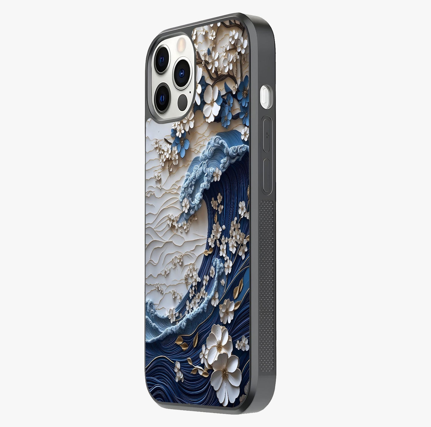 Floral Wave Origami Glass Case photographed in natural light showing reflective finish and design depth.