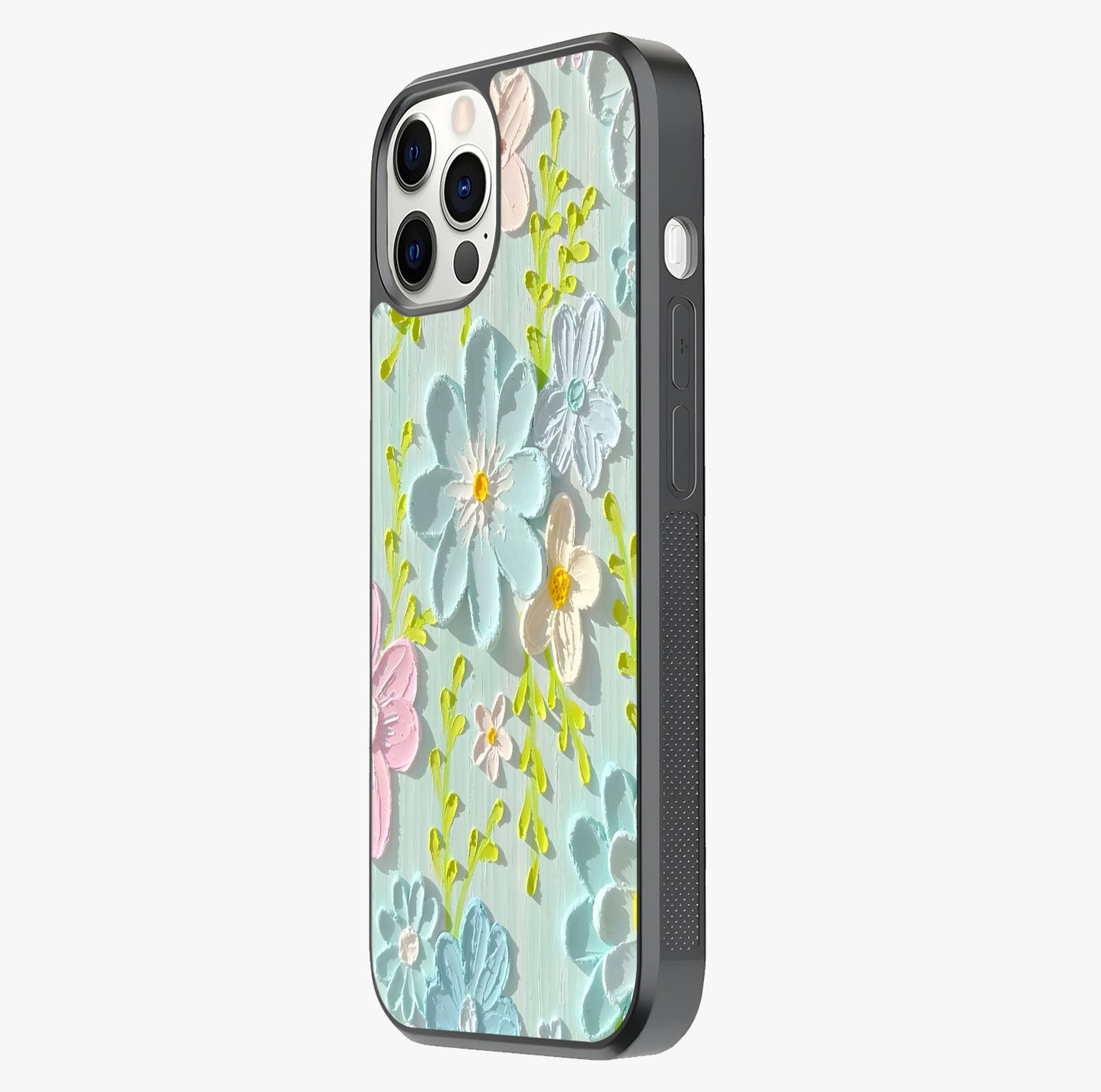 Frosted Petal Garden Glass Case photographed in natural light showing reflective finish and design depth.