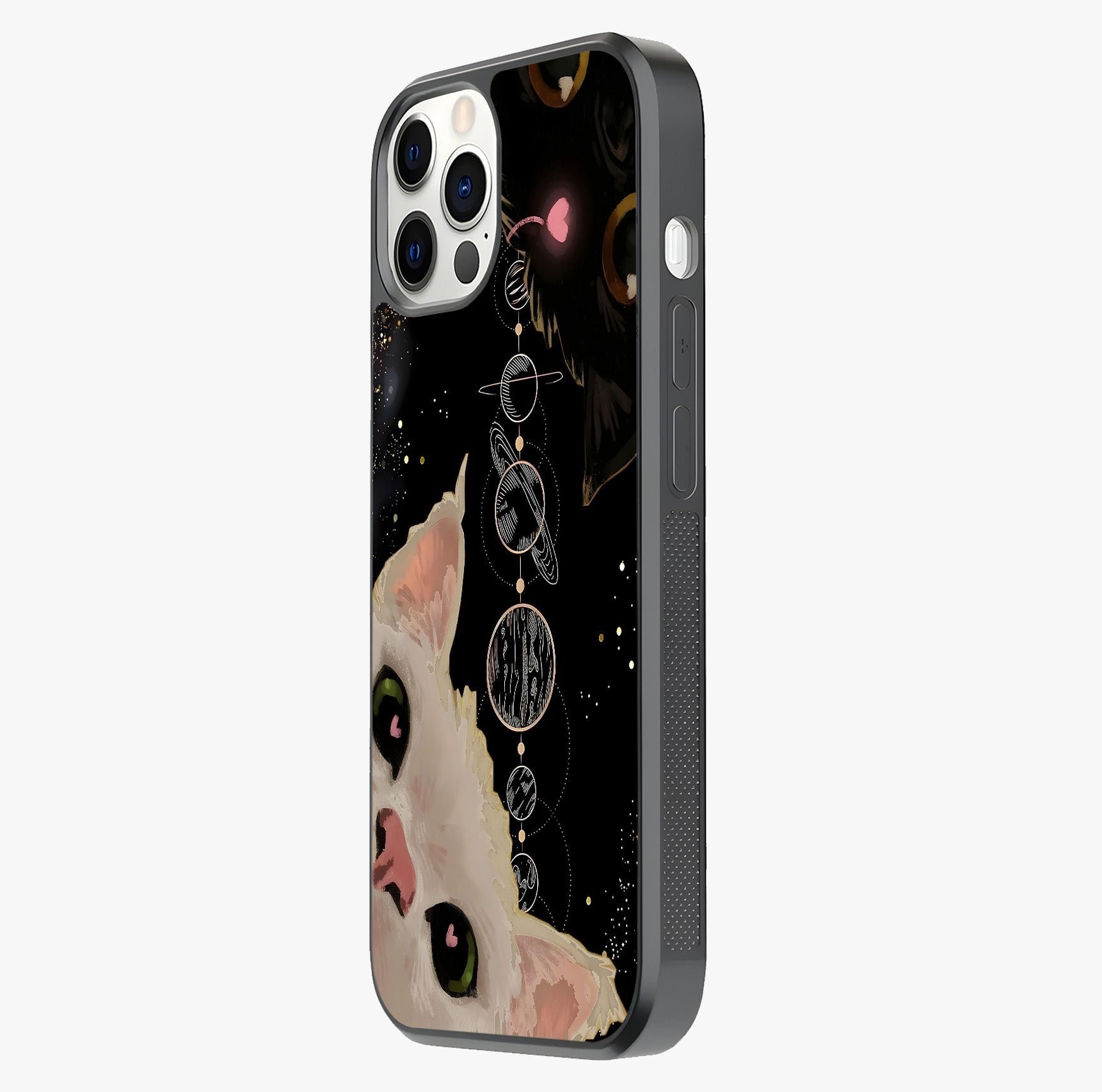 Galactic Cat Glass Case photographed in natural light showing reflective finish and design depth.