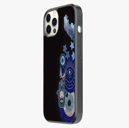 Galactic Charm Cluster Glass Case photographed in natural light showing reflective finish and design depth.