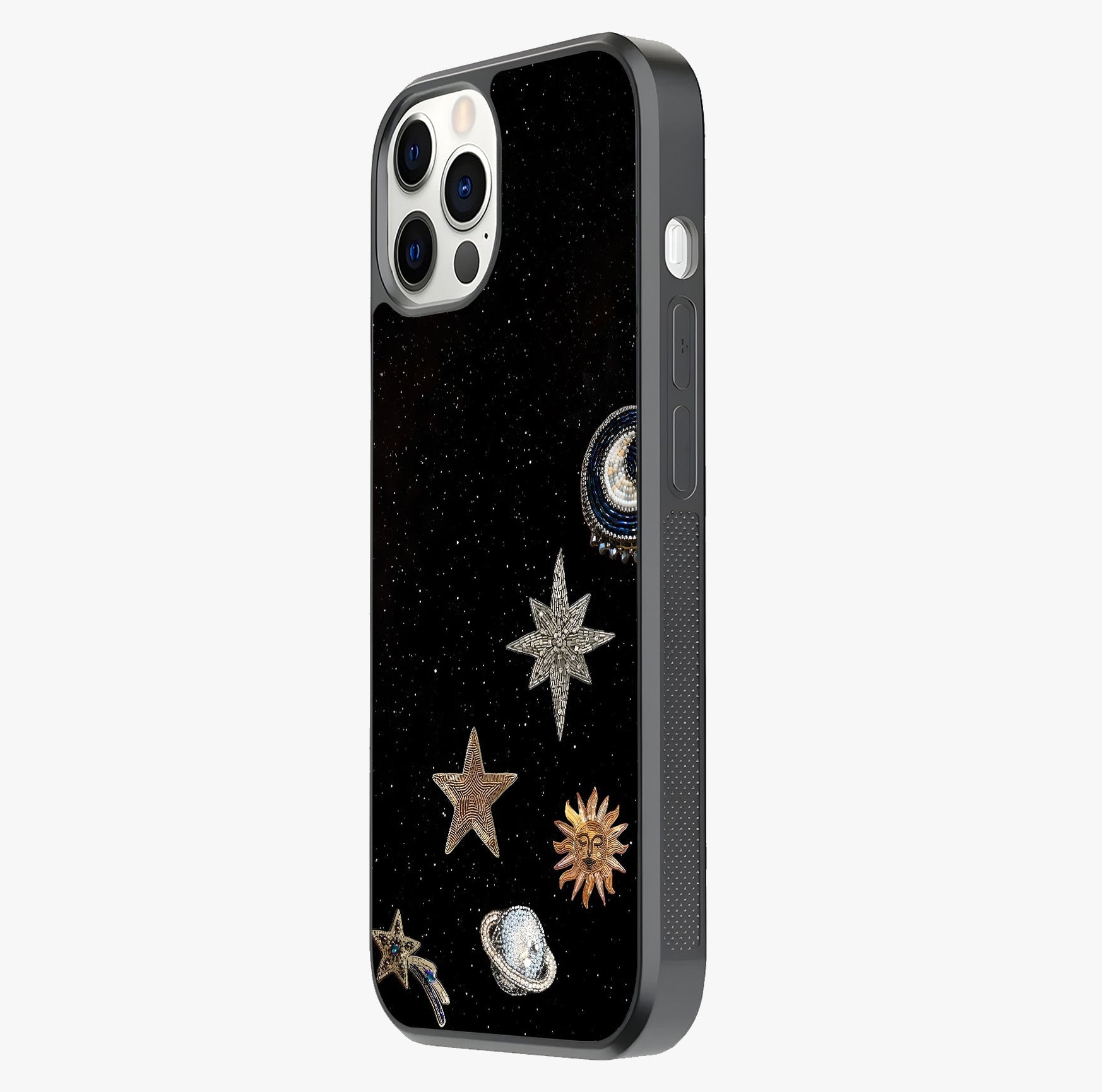 Galactic Charm Glow Glass Case photographed in natural light showing reflective finish and design depth.