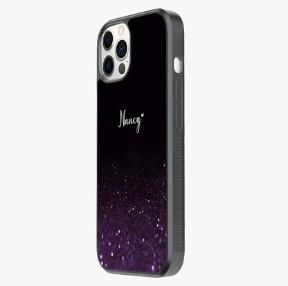 Glittery Purple Bokeh Custom Name Glass Case photographed in natural light showing reflective finish and design depth.