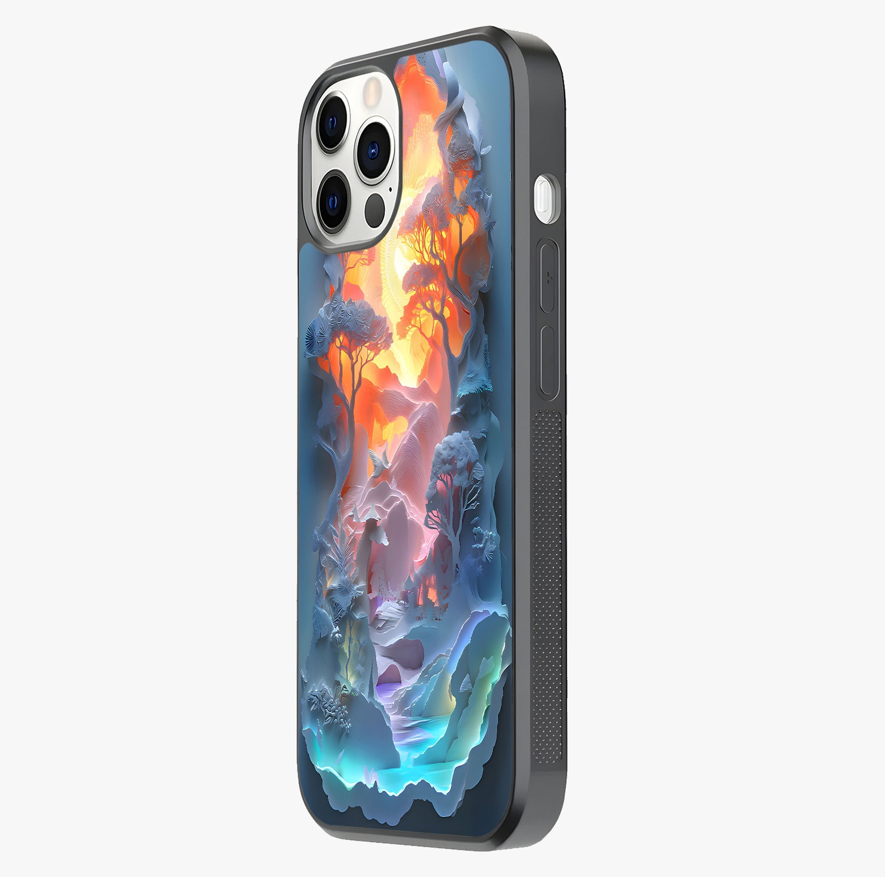 Glow Forest Portal Glass Case photographed in natural light showing reflective finish and design depth.