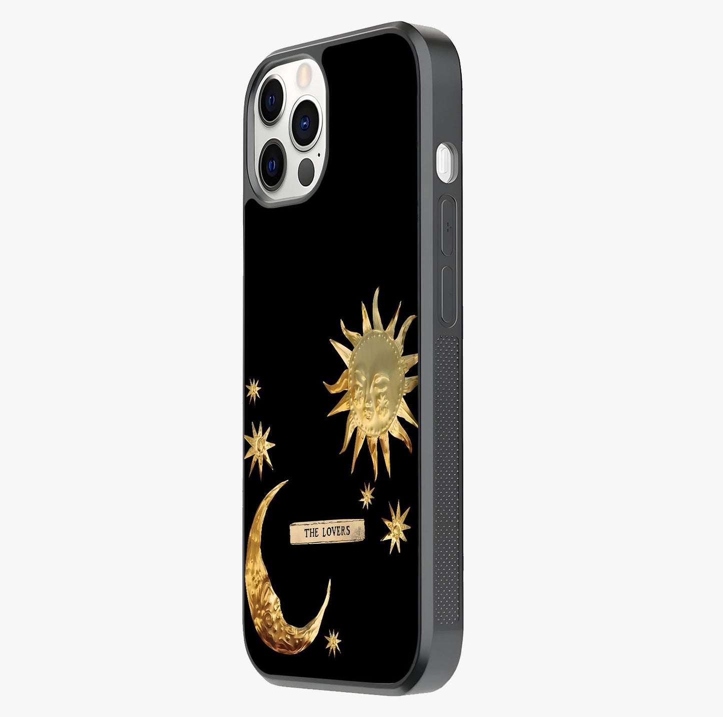 Golden Celestial Charm Glass Case photographed in natural light showing reflective finish and design depth.