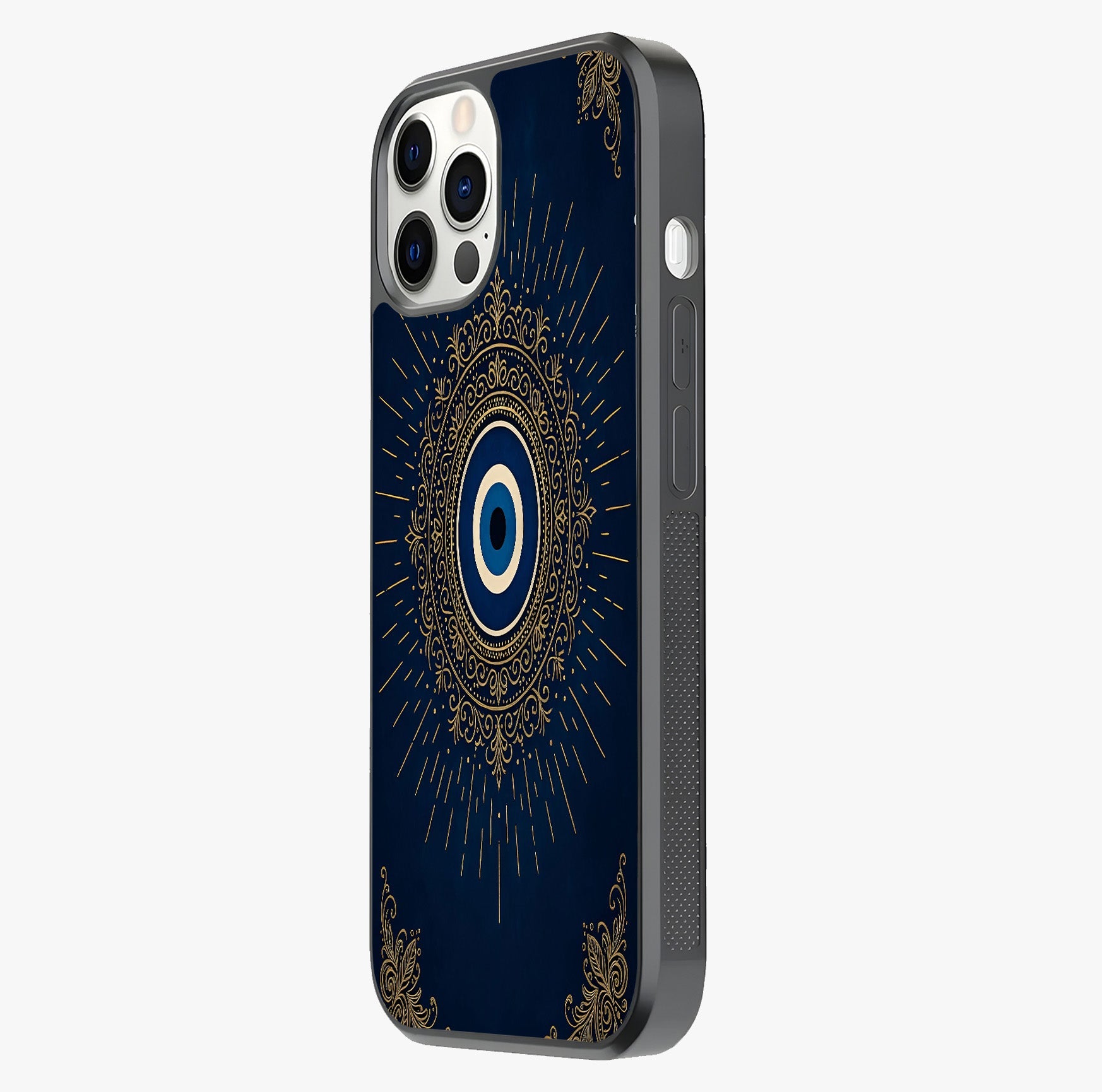 Golden Evil Eye Mandala Glass Case photographed in natural light showing reflective finish and design depth.