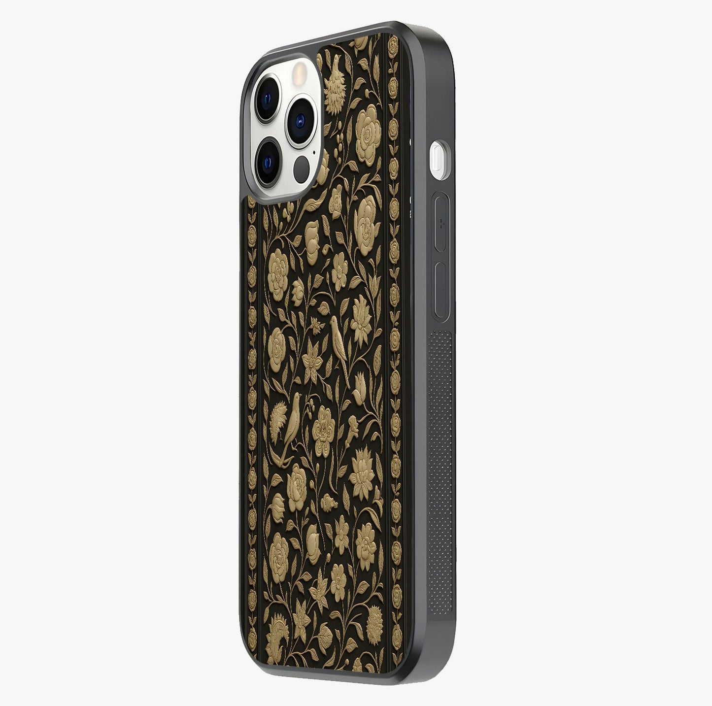 Golden Floral Majesty Glass Case photographed in natural light showing reflective finish and design depth.