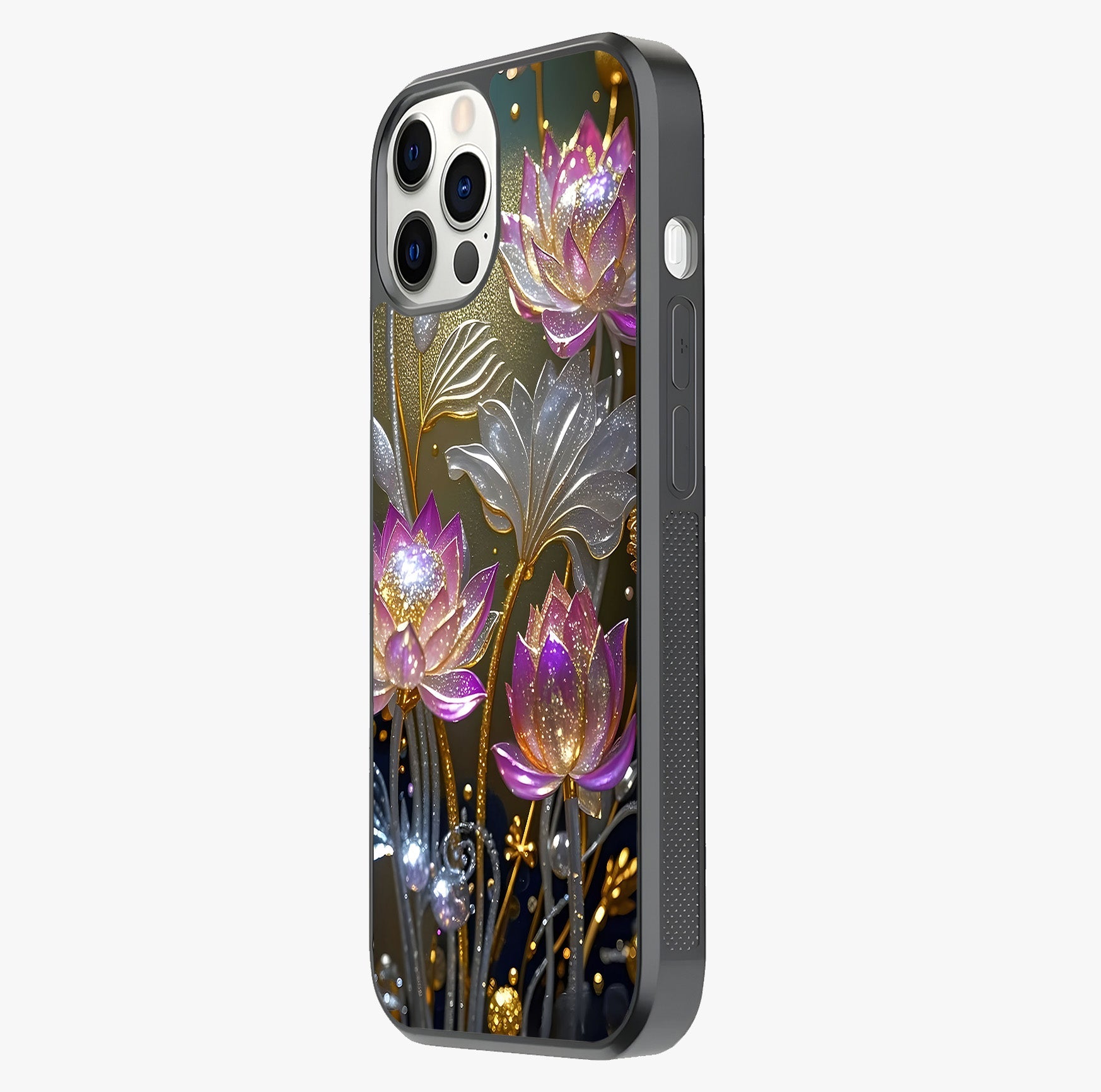 Golden Lotus Glow Glass Case photographed in natural light showing reflective finish and design depth.