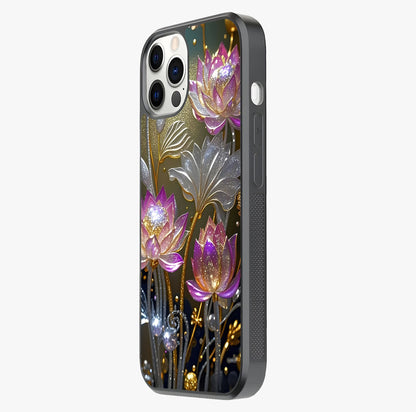 Golden Lotus Glow Glass Case photographed in natural light showing reflective finish and design depth.