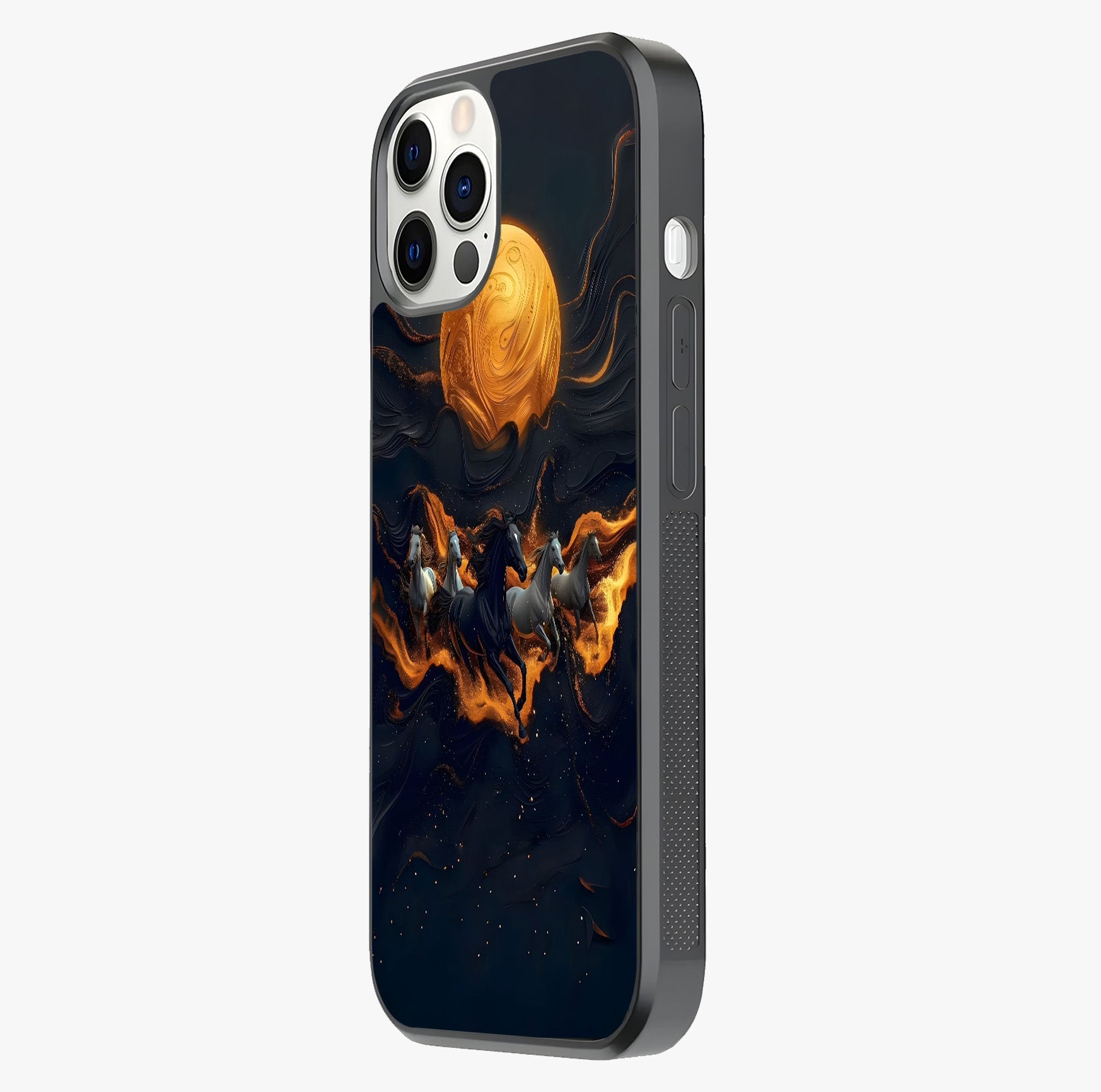 Golden Stallion Moonride Glass Case photographed in natural light showing reflective finish and design depth.