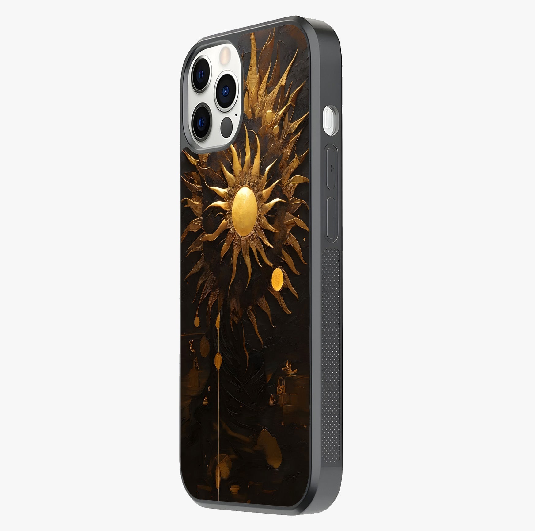 Golden Sun Majesty Glass Case photographed in natural light showing reflective finish and design depth.