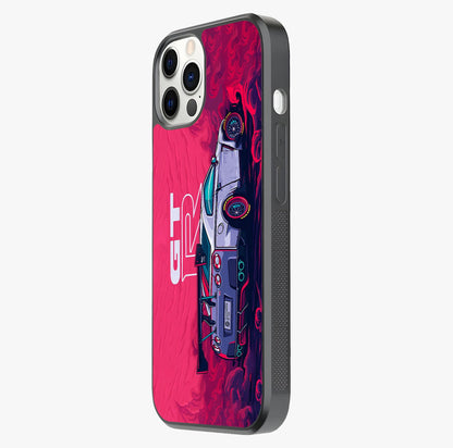 GT R Car Pattern Glass Case photographed in natural light showing reflective finish and design depth.