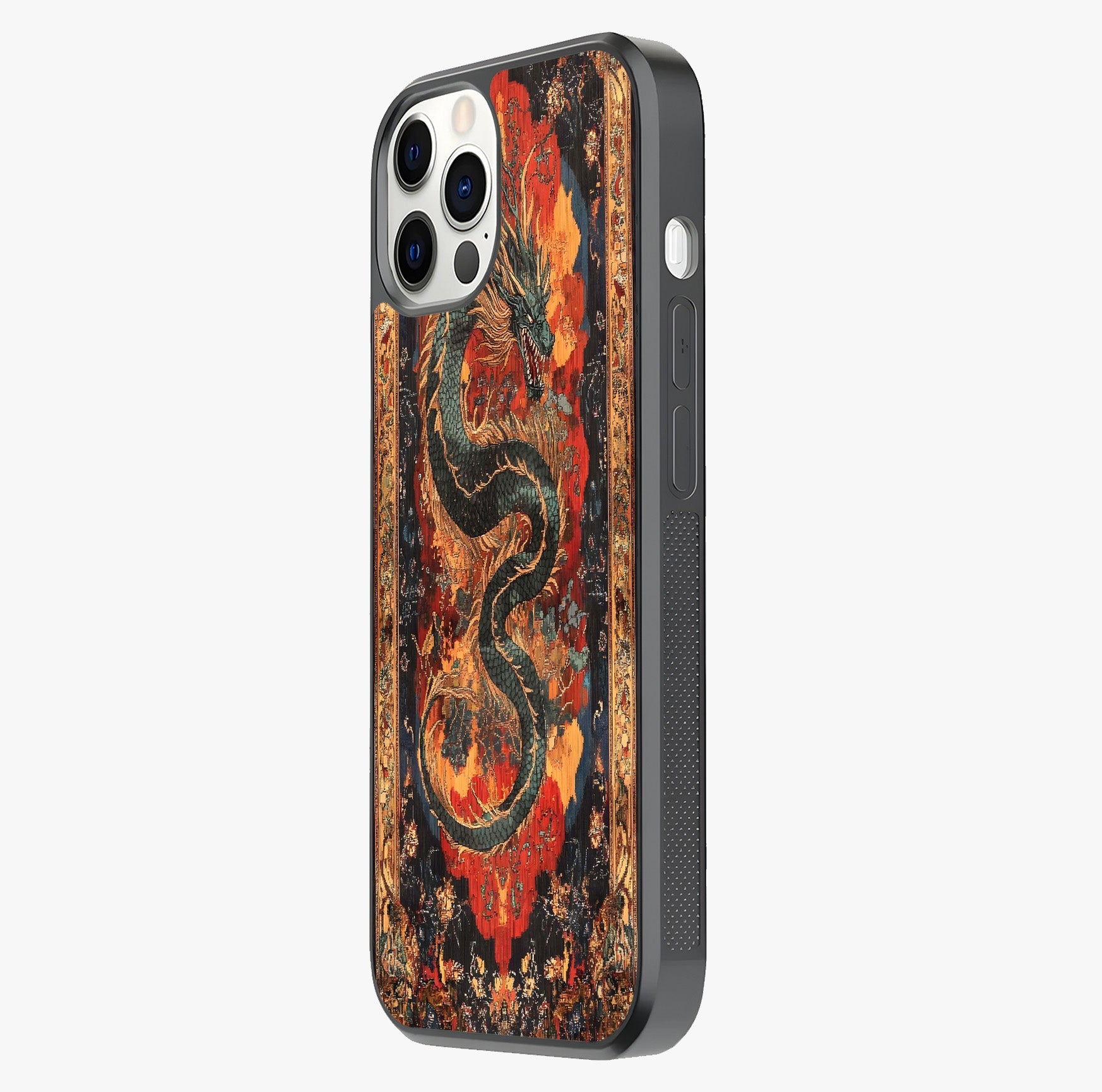 Inferno Dragon Soul Glass Case photographed in natural light showing reflective finish and design depth.
