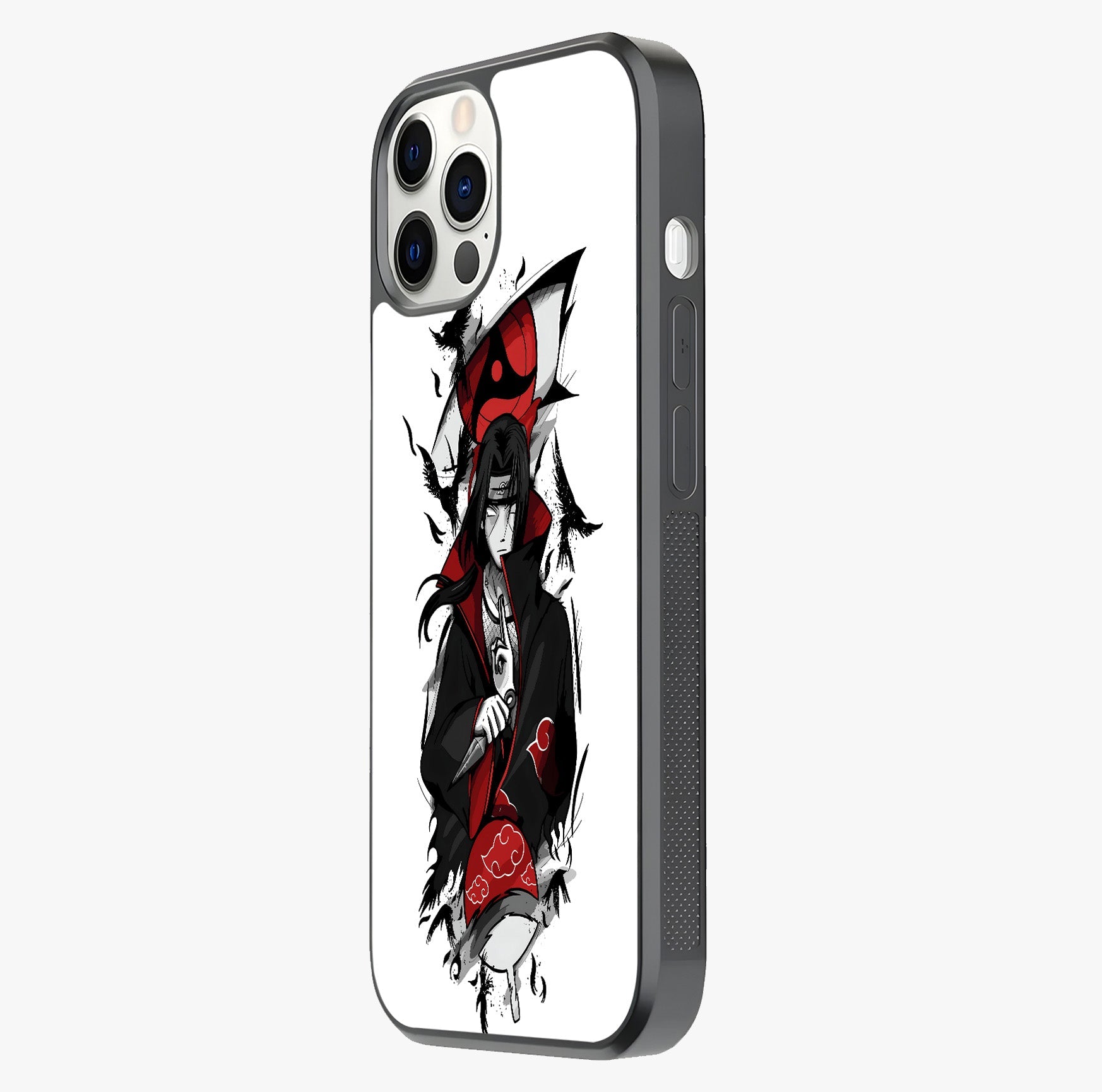 Itachi Sharingan Glass Case photographed in natural light showing reflective finish and design depth.