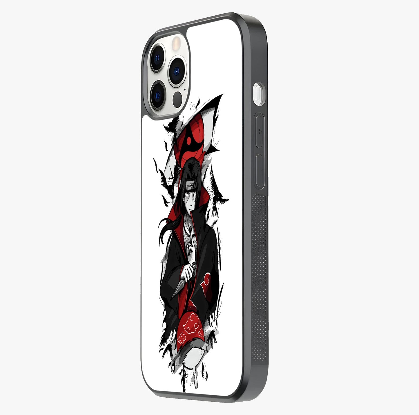 Itachi Sharingan Glass Case photographed in natural light showing reflective finish and design depth.