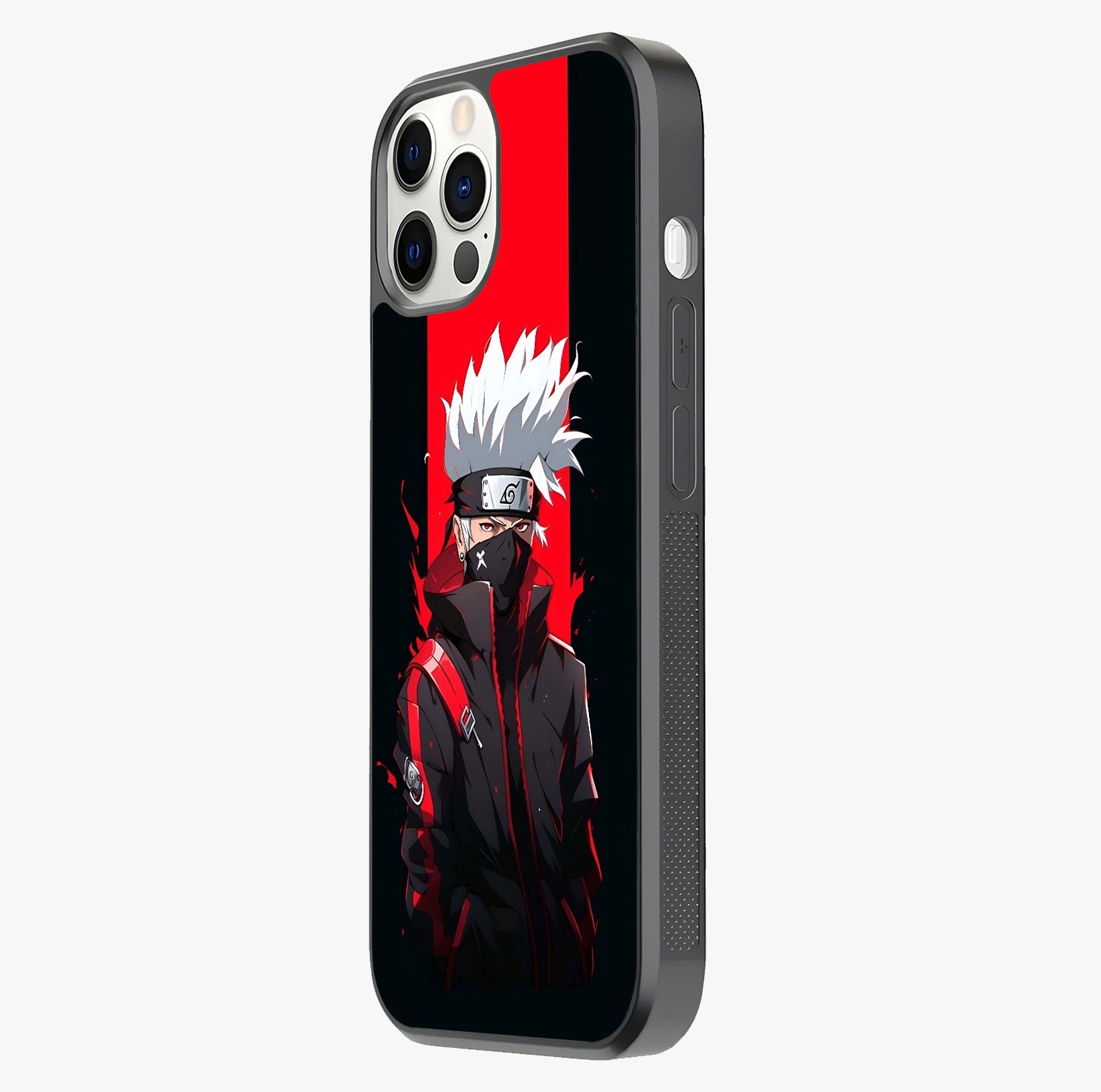 Kakashi Scarlet Shadow Glass Case photographed in natural light showing reflective finish and design depth.