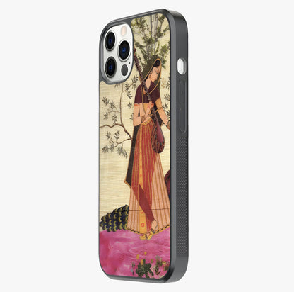 Lady With Veena Art Glass Case photographed in natural light showing reflective finish and design depth.