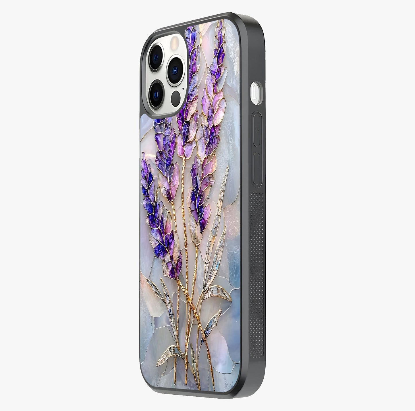 Lavender Dream Glow Glass Case photographed in natural light showing reflective finish and design depth.