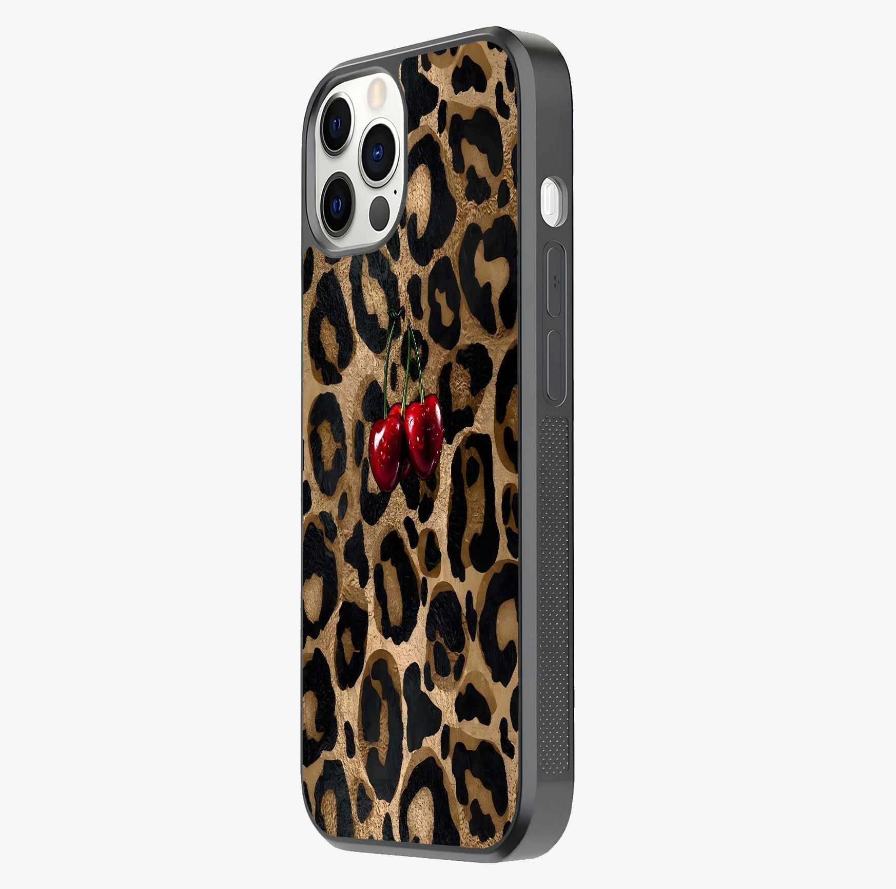 Leopard Wild Cherry Glass Case photographed in natural light showing reflective finish and design depth.