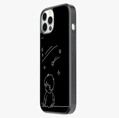 Line Art Boy With Shooting Stars Glass Case photographed in natural light showing reflective finish and design depth.