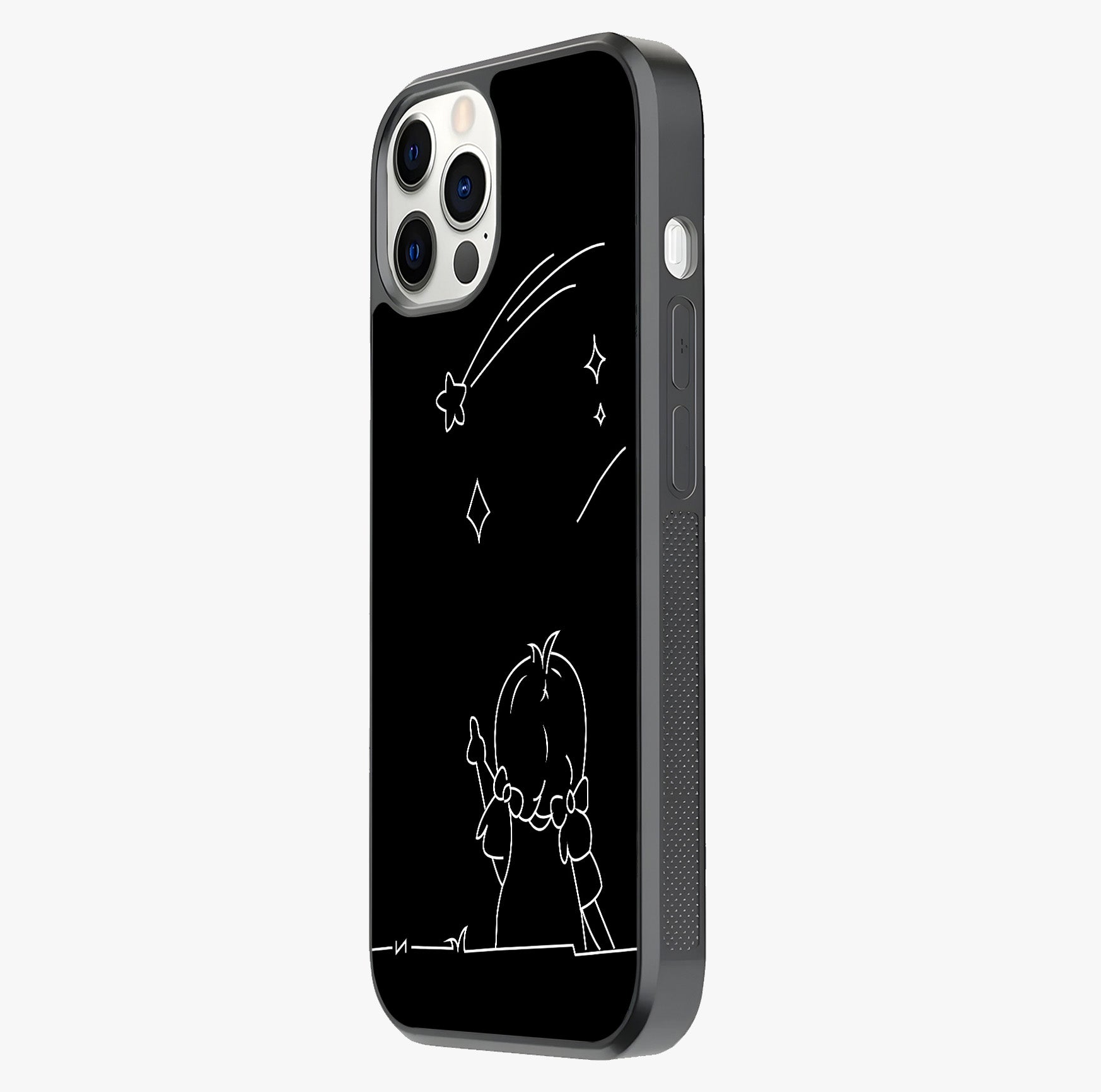 Line Art Girl With Shooting Stars Glass Case photographed in natural light showing reflective finish and design depth.