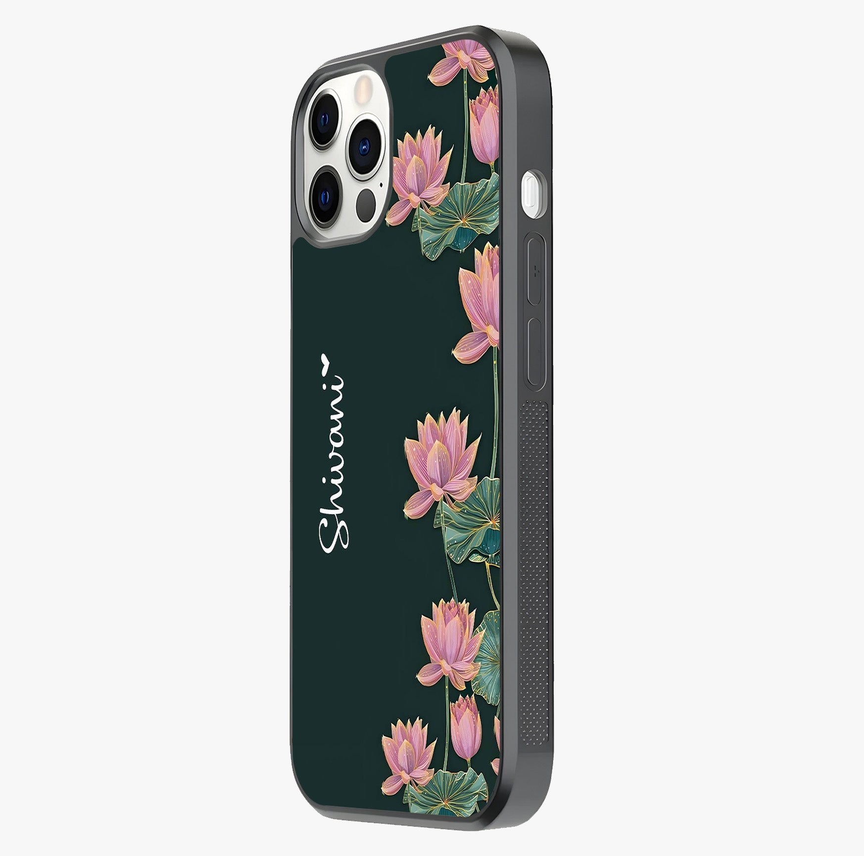 Lotus Bloom Serenity Custom Name Glass Case photographed in natural light showing reflective finish and design depth.