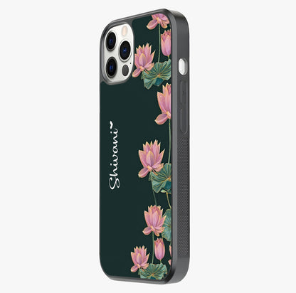 Lotus Bloom Serenity Custom Name Glass Case photographed in natural light showing reflective finish and design depth.