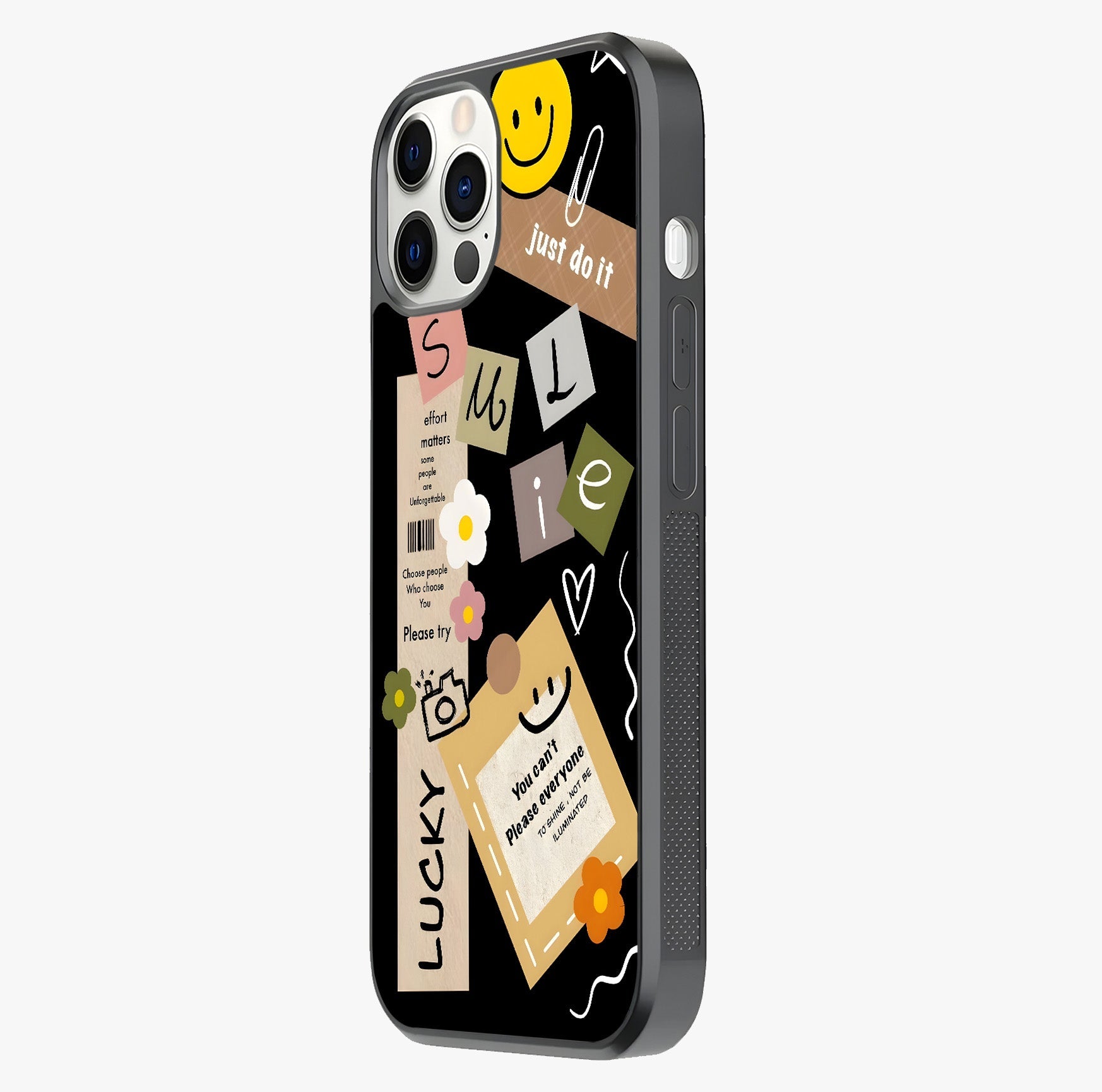 Lucky Aesthetic Collage Glass Case photographed in natural light showing reflective finish and design depth.