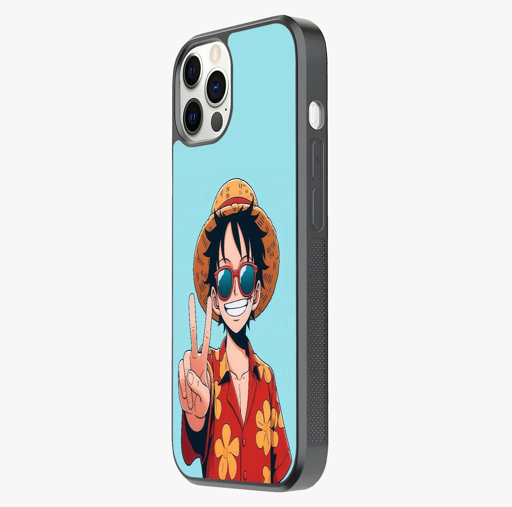 Luffy Summer Anime Vibe Glass Case photographed in natural light showing reflective finish and design depth.