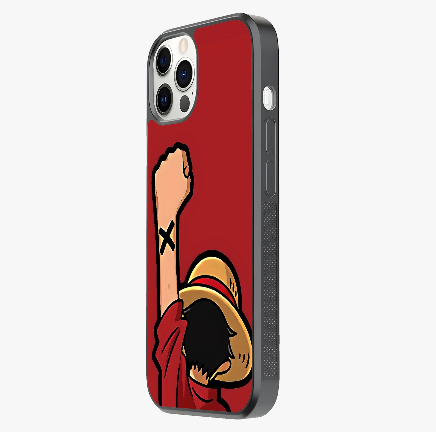 Luffy X Spirit Glass Case photographed in natural light showing reflective finish and design depth.