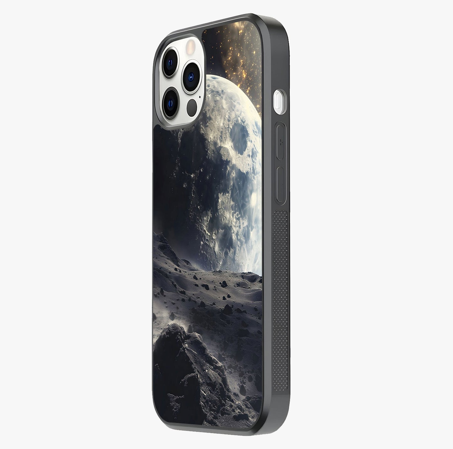 Lunar Horizon Glow Glass Case photographed in natural light showing reflective finish and design depth.