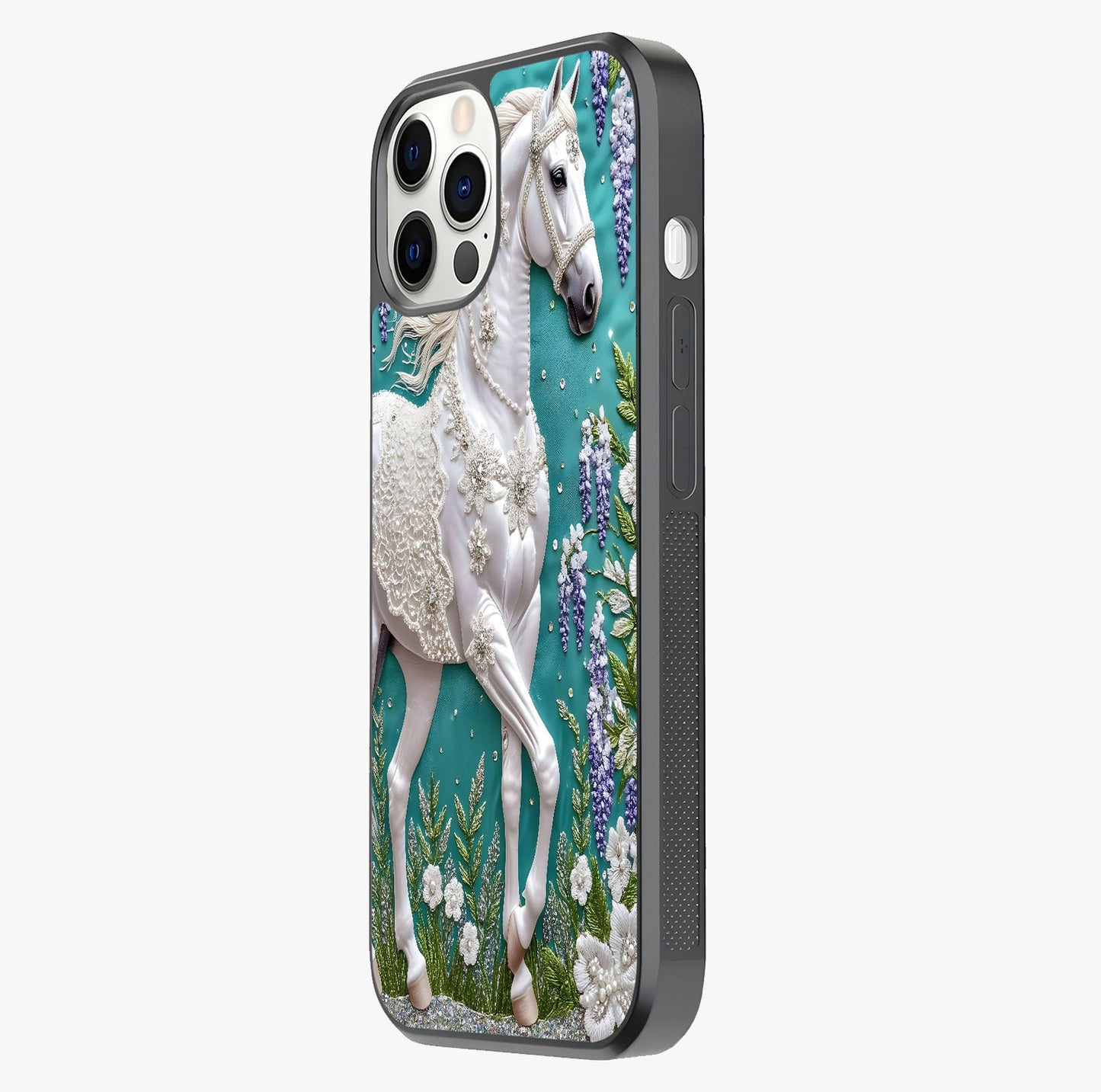Majestic Floral Stallion Glass Case photographed in natural light showing reflective finish and design depth.