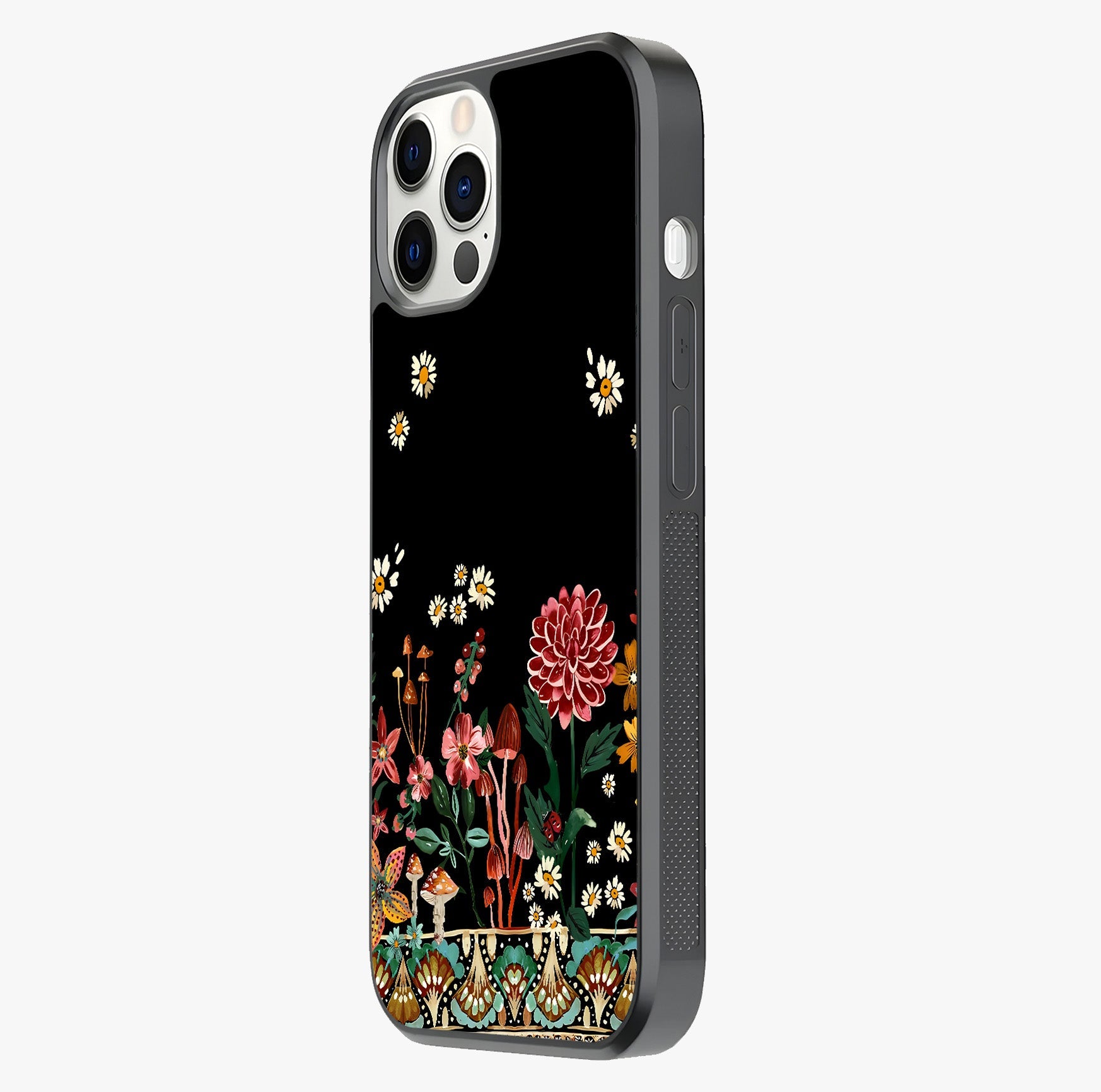 Midnight Bloom Pattern Glass Case photographed in natural light showing reflective finish and design depth.