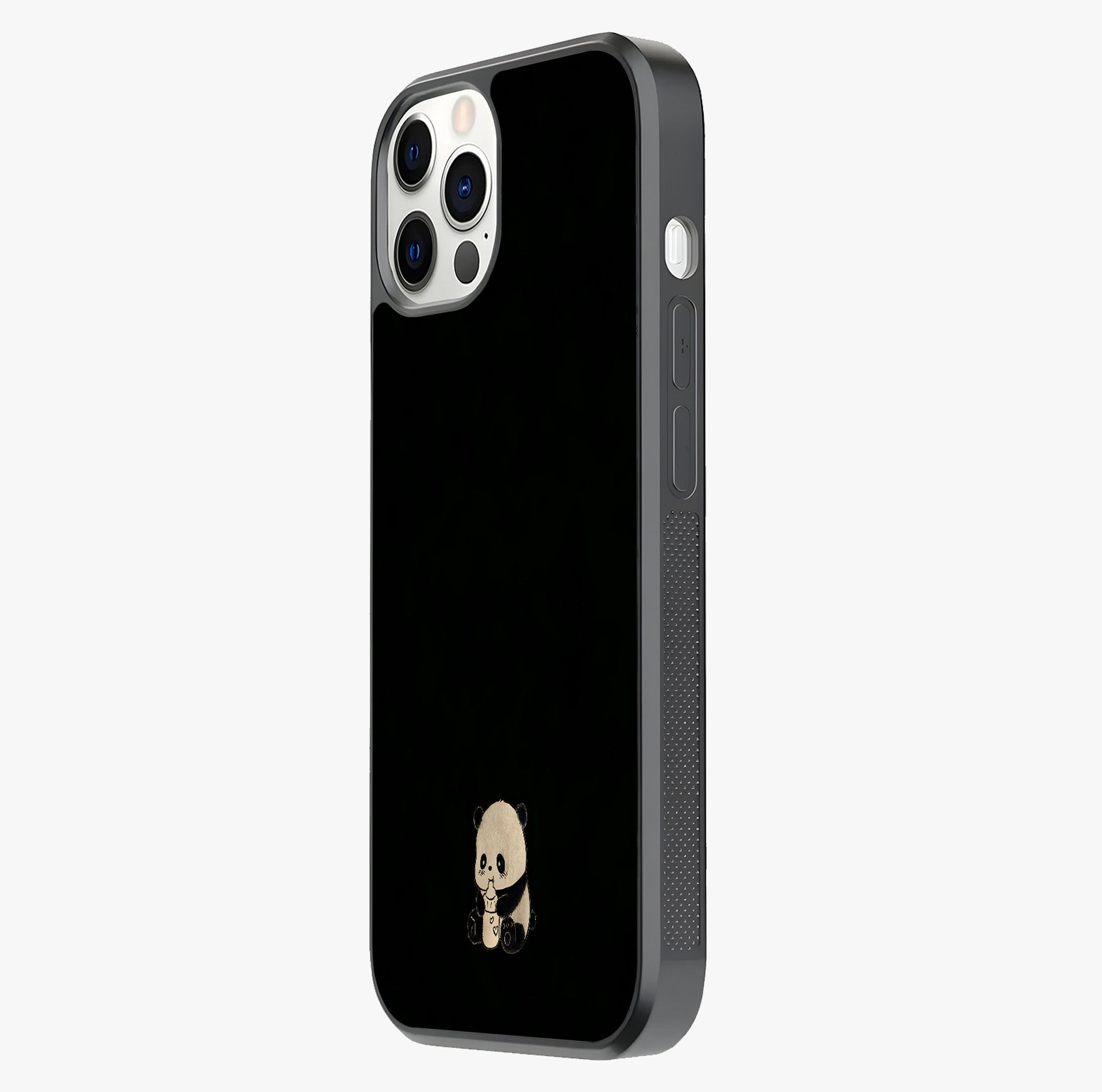 Midnight Panda Love Glass Case photographed in natural light showing reflective finish and design depth.
