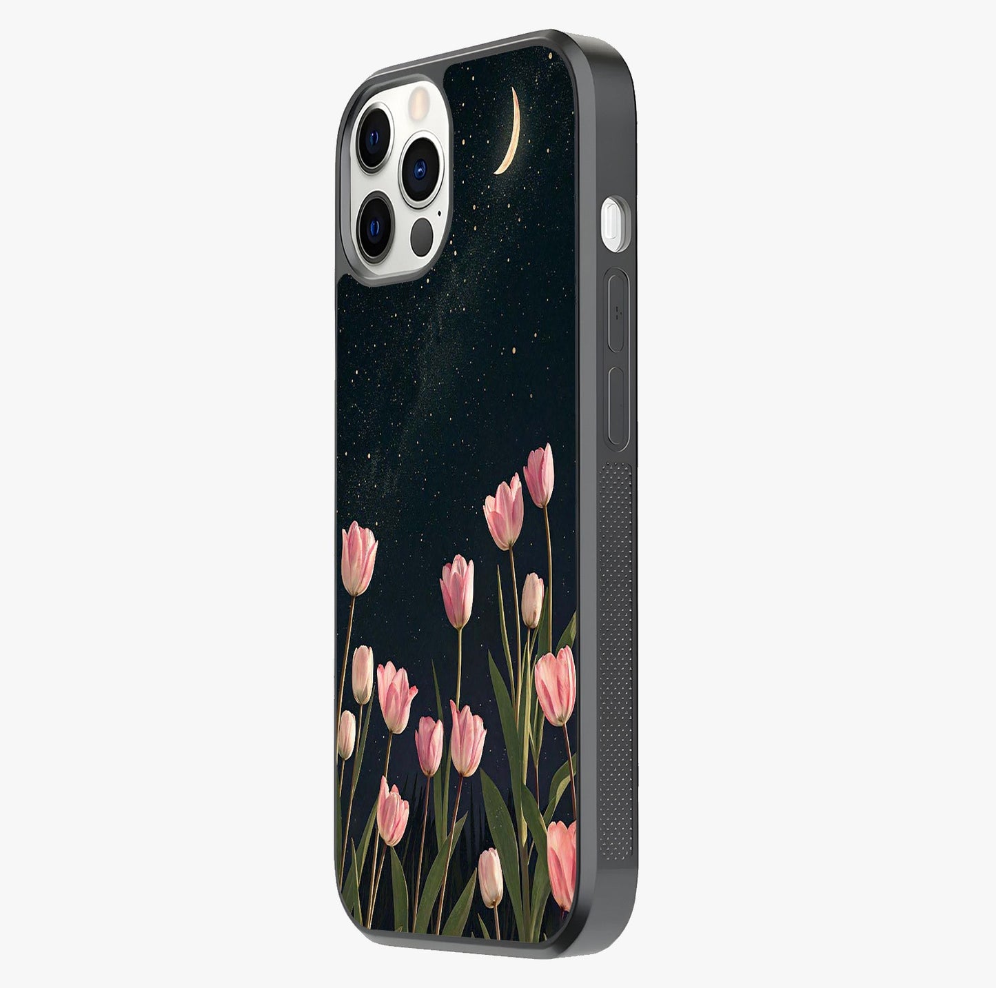 Midnight Tulip Whispers Vibe Glass Case photographed in natural light showing reflective finish and design depth.