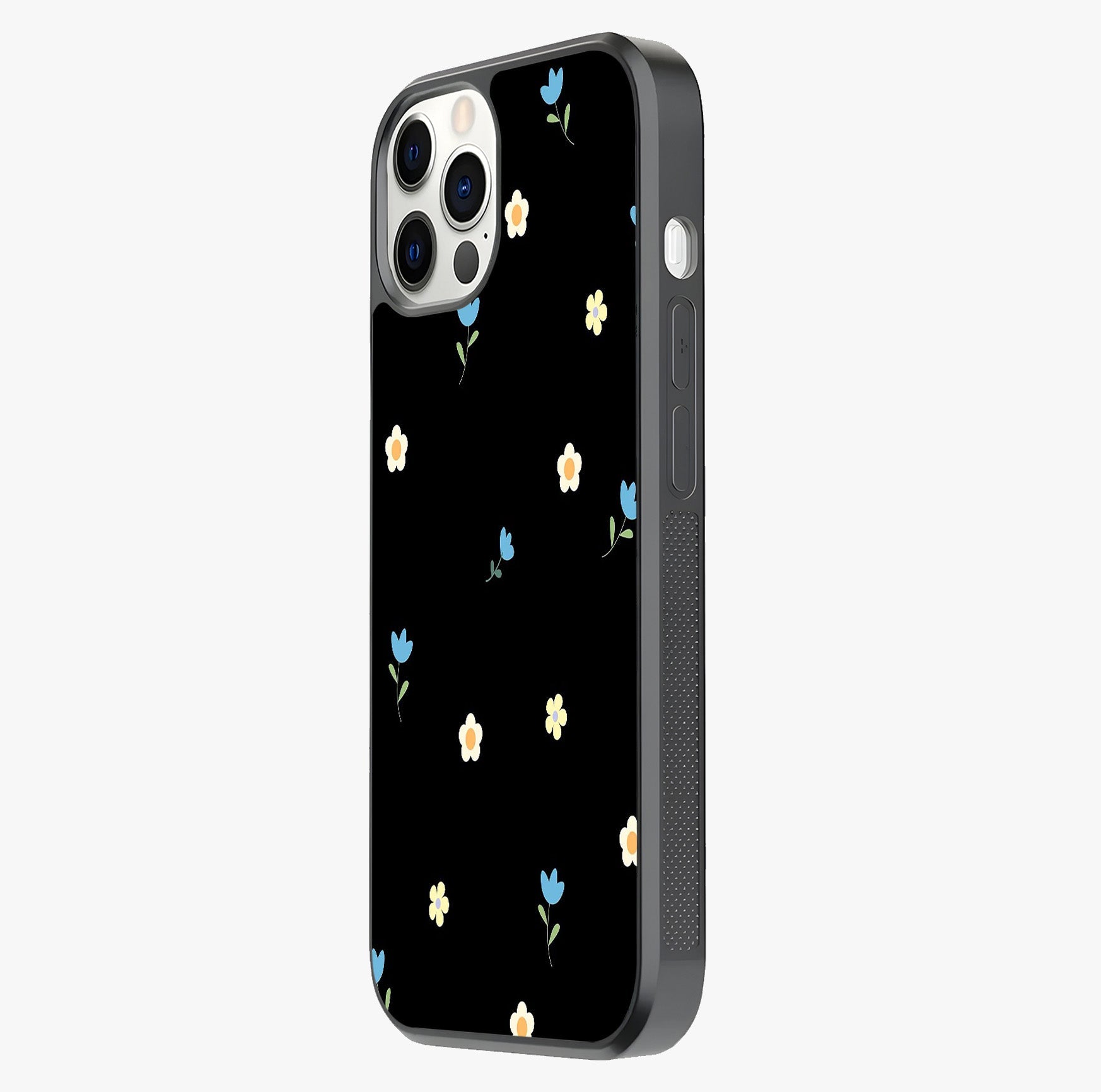 Minimalistic Blue With White Flower Pattern Glass Case photographed in natural light showing reflective finish and design depth.