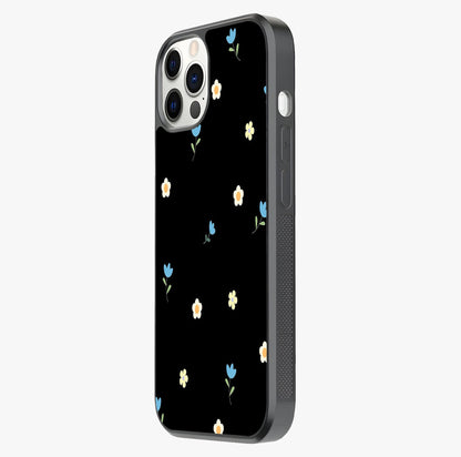 Minimalistic Blue With White Flower Pattern Glass Case photographed in natural light showing reflective finish and design depth.