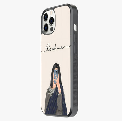 Mirror Mood Muse With Custom Name Glass Case photographed in natural light showing reflective finish and design depth.