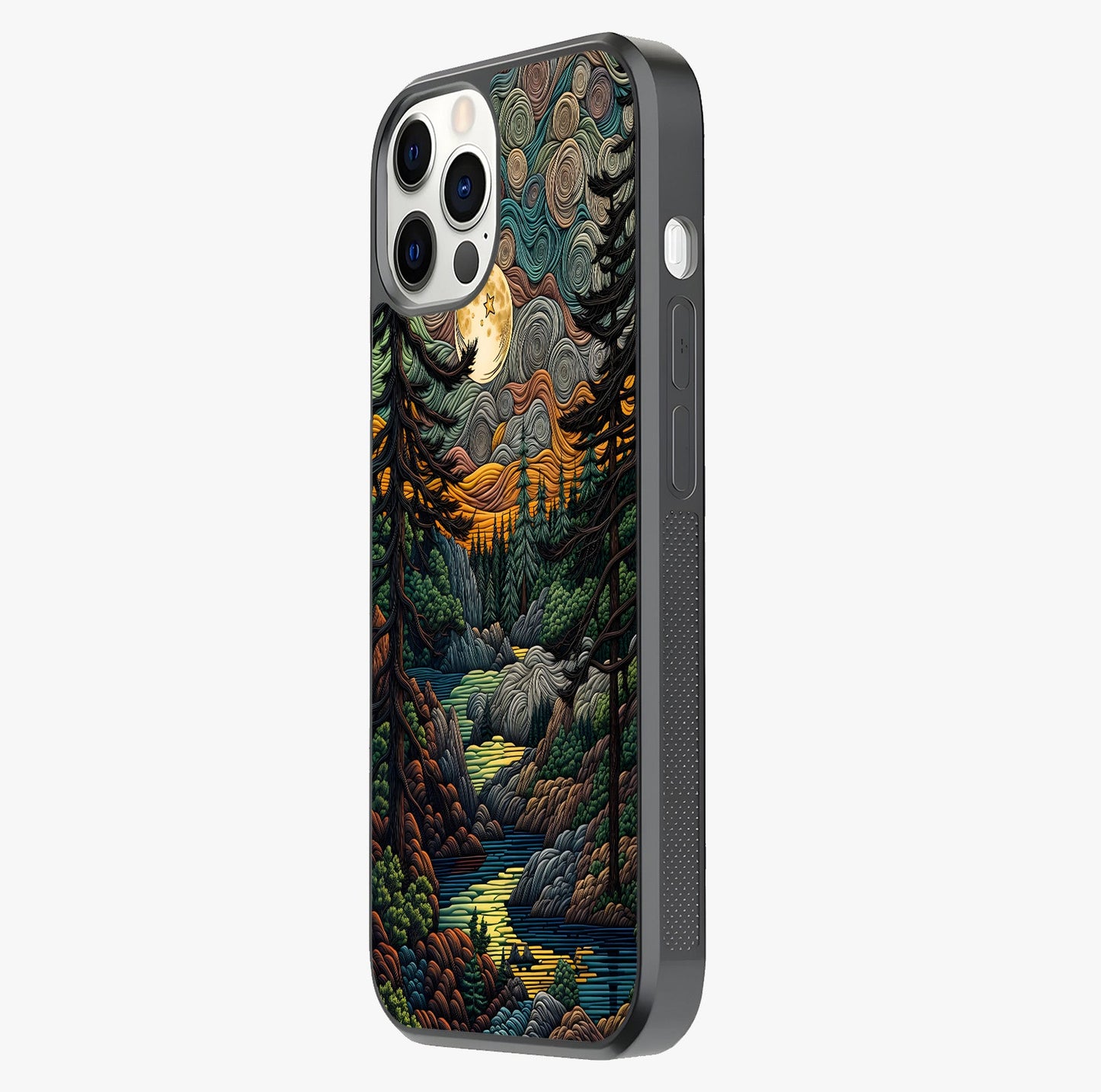 Moonlight Forest Dream Glass Case photographed in natural light showing reflective finish and design depth.