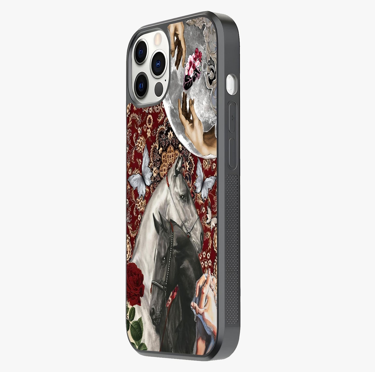 Moonlit Royal Stallion Glass Case photographed in natural light showing reflective finish and design depth.