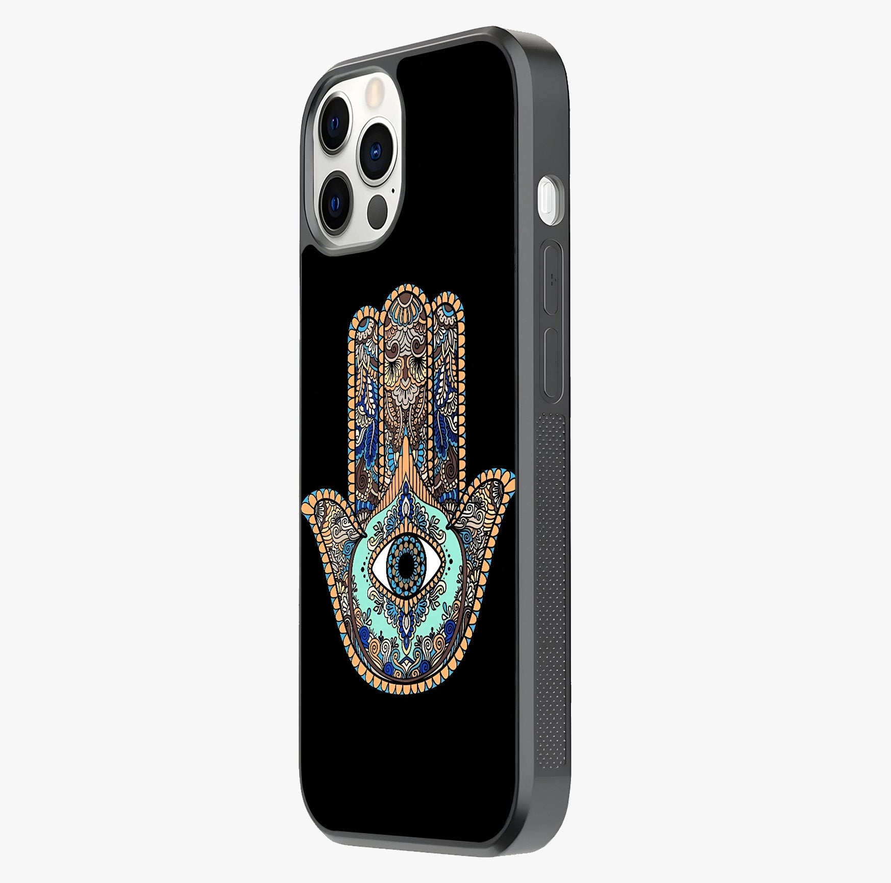 Mystic Hamsa Eye Glass Case photographed in natural light showing reflective finish and design depth.