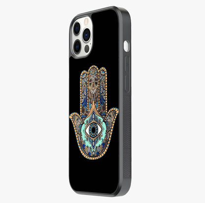 Mystic Hamsa Eye Glass Case photographed in natural light showing reflective finish and design depth.