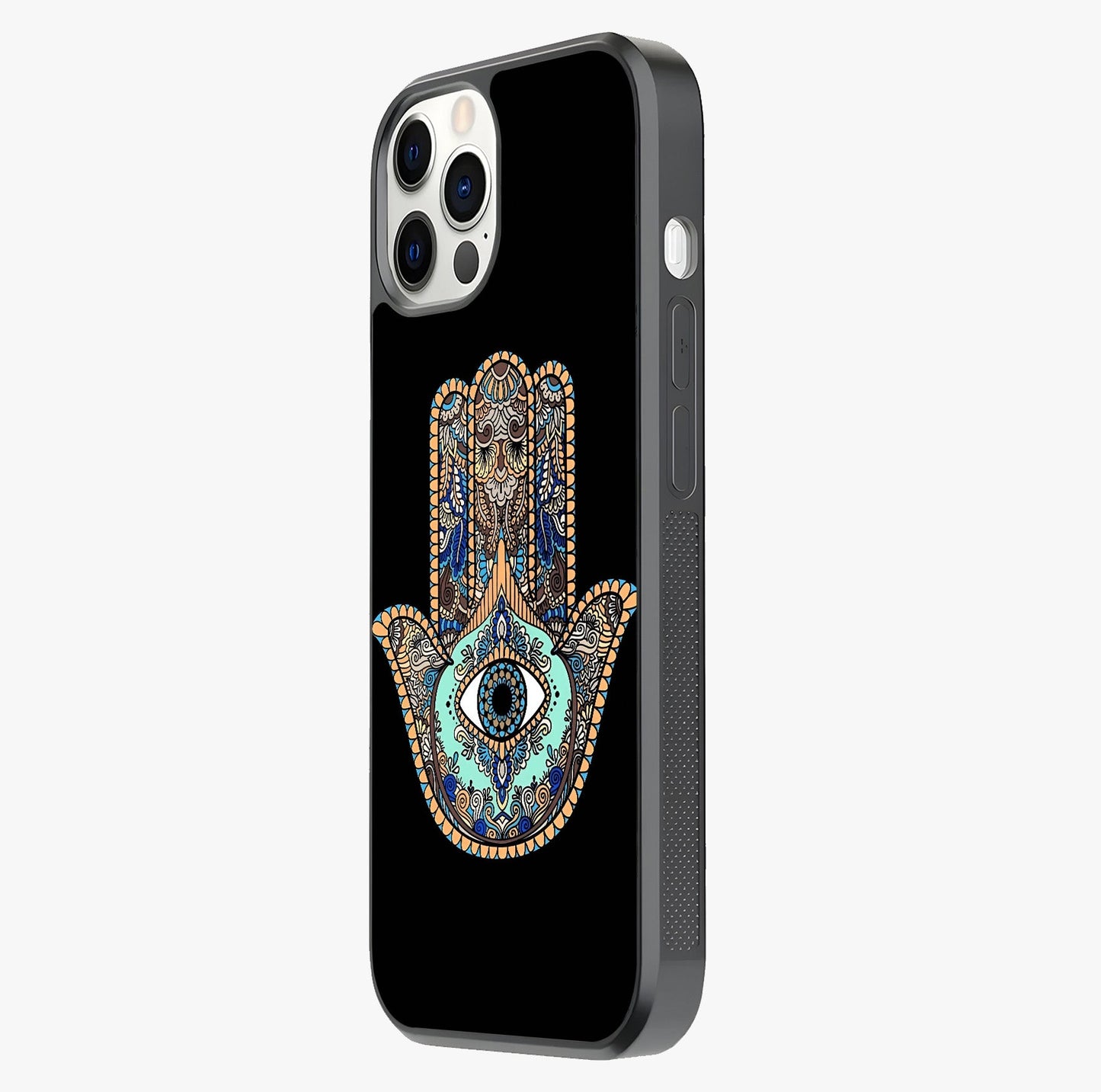 Mystic Hamsa Eye Glass Case photographed in natural light showing reflective finish and design depth.