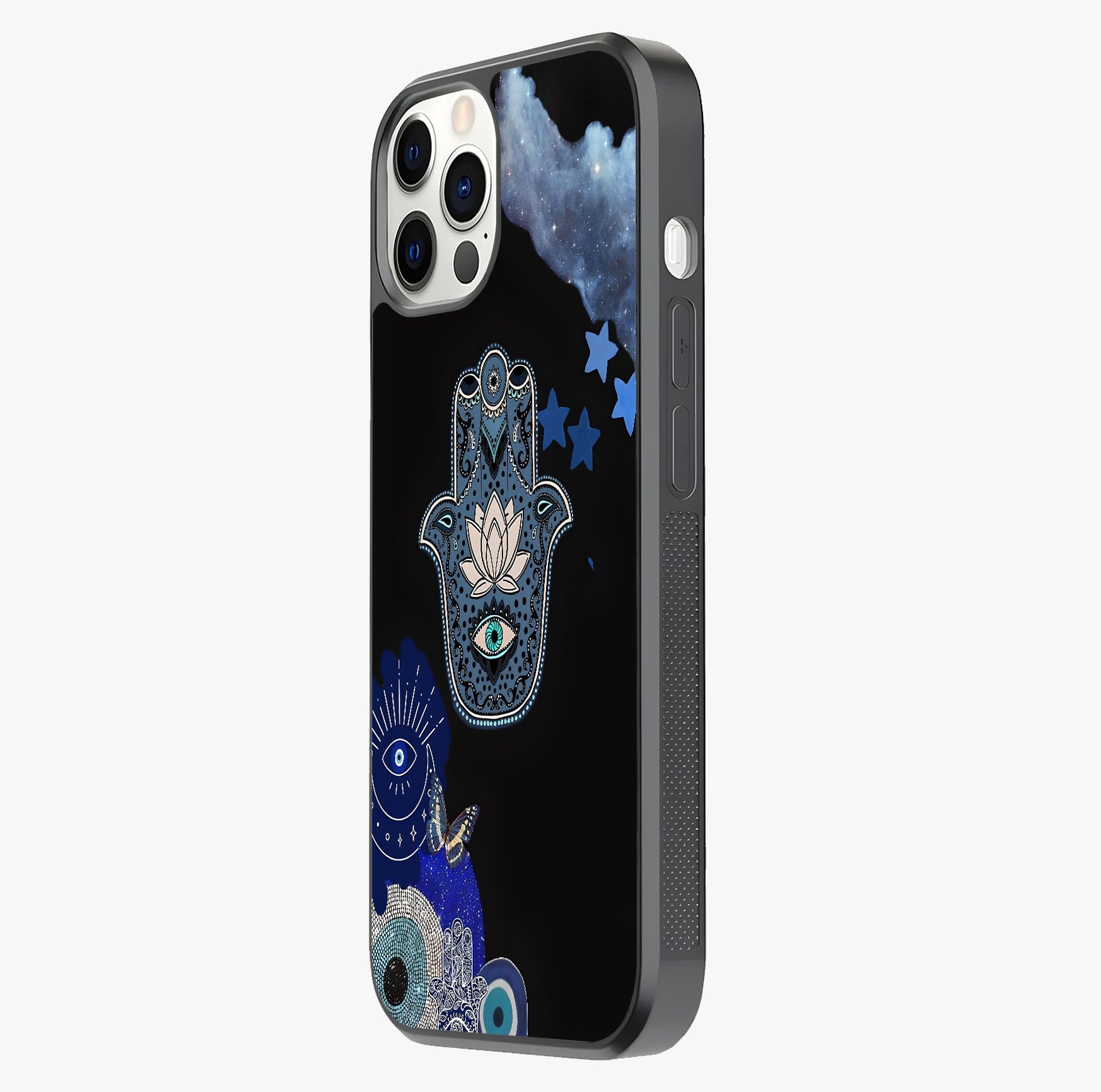 Mystic Hand Aura Glass Case photographed in natural light showing reflective finish and design depth.