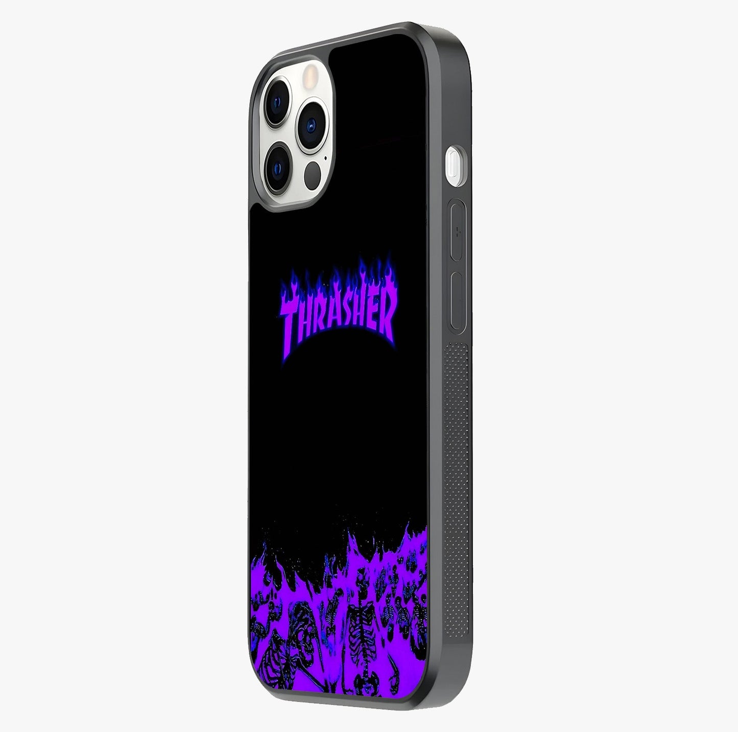 Neon Flame Riot Glass Case photographed in natural light showing reflective finish and design depth.