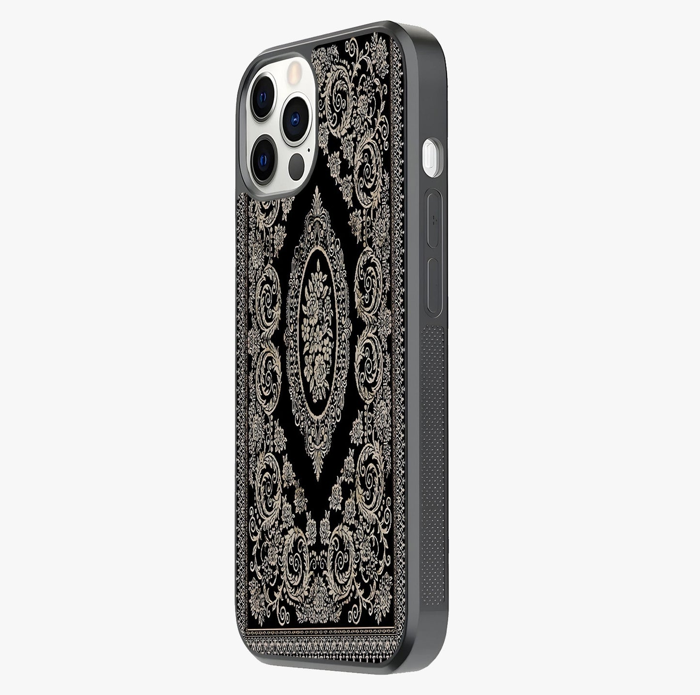 Noir Bloom Elegance Glass Case photographed in natural light showing reflective finish and design depth.