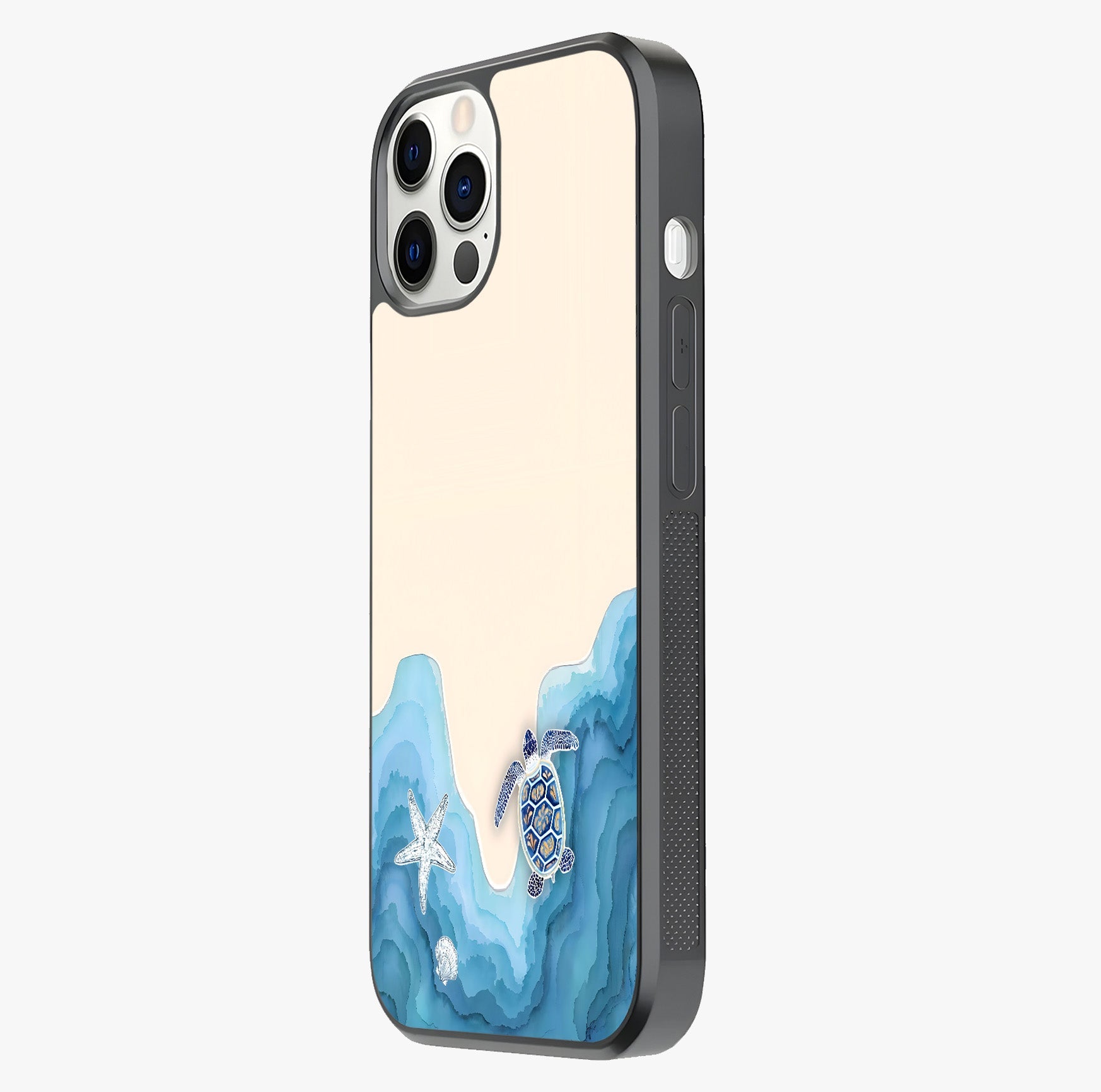 Ocean Drift Turtle Glass Case photographed in natural light showing reflective finish and design depth.