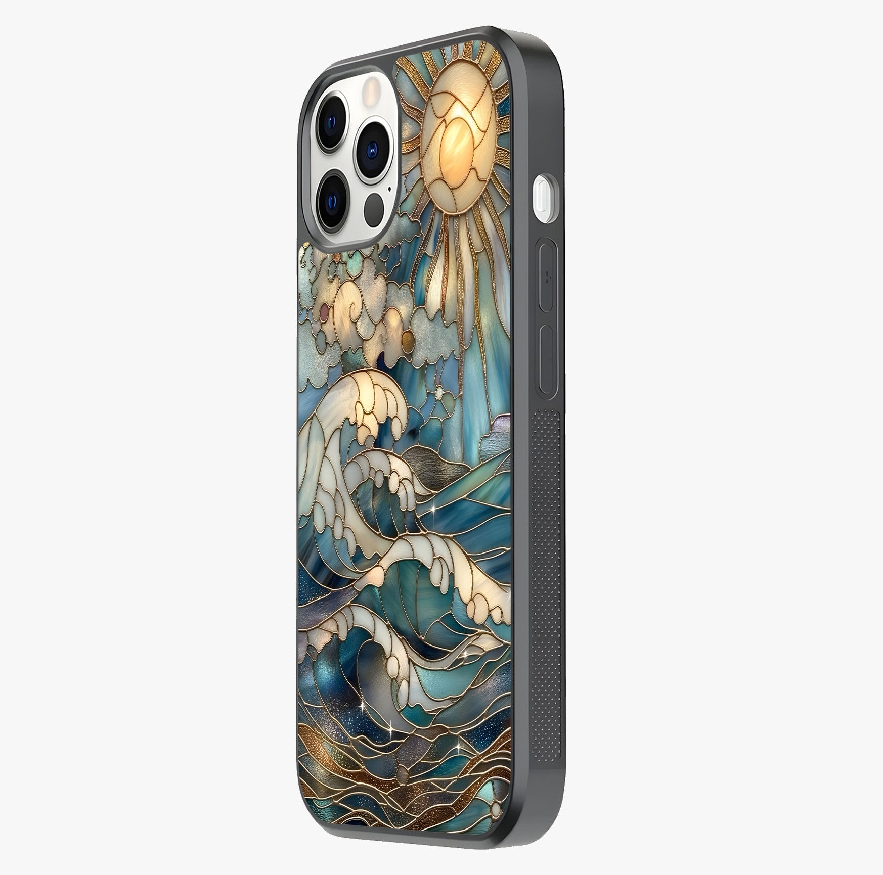 Oceanic Stained Printed Glass Case photographed in natural light showing reflective finish and design depth.
