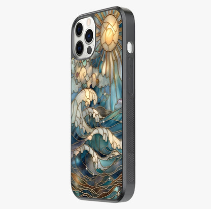 Oceanic Stained Printed Glass Case photographed in natural light showing reflective finish and design depth.