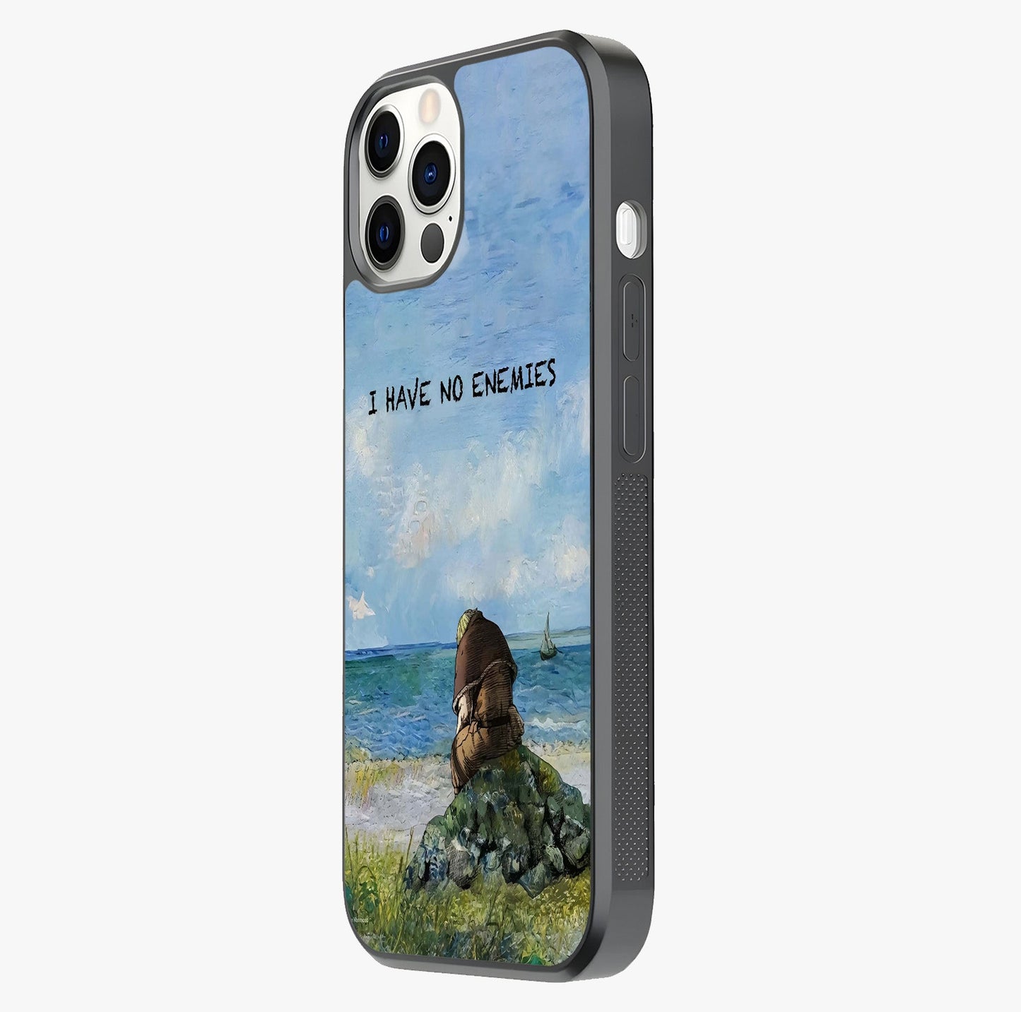 Peace Beyond War Glass Case photographed in natural light showing reflective finish and design depth.
